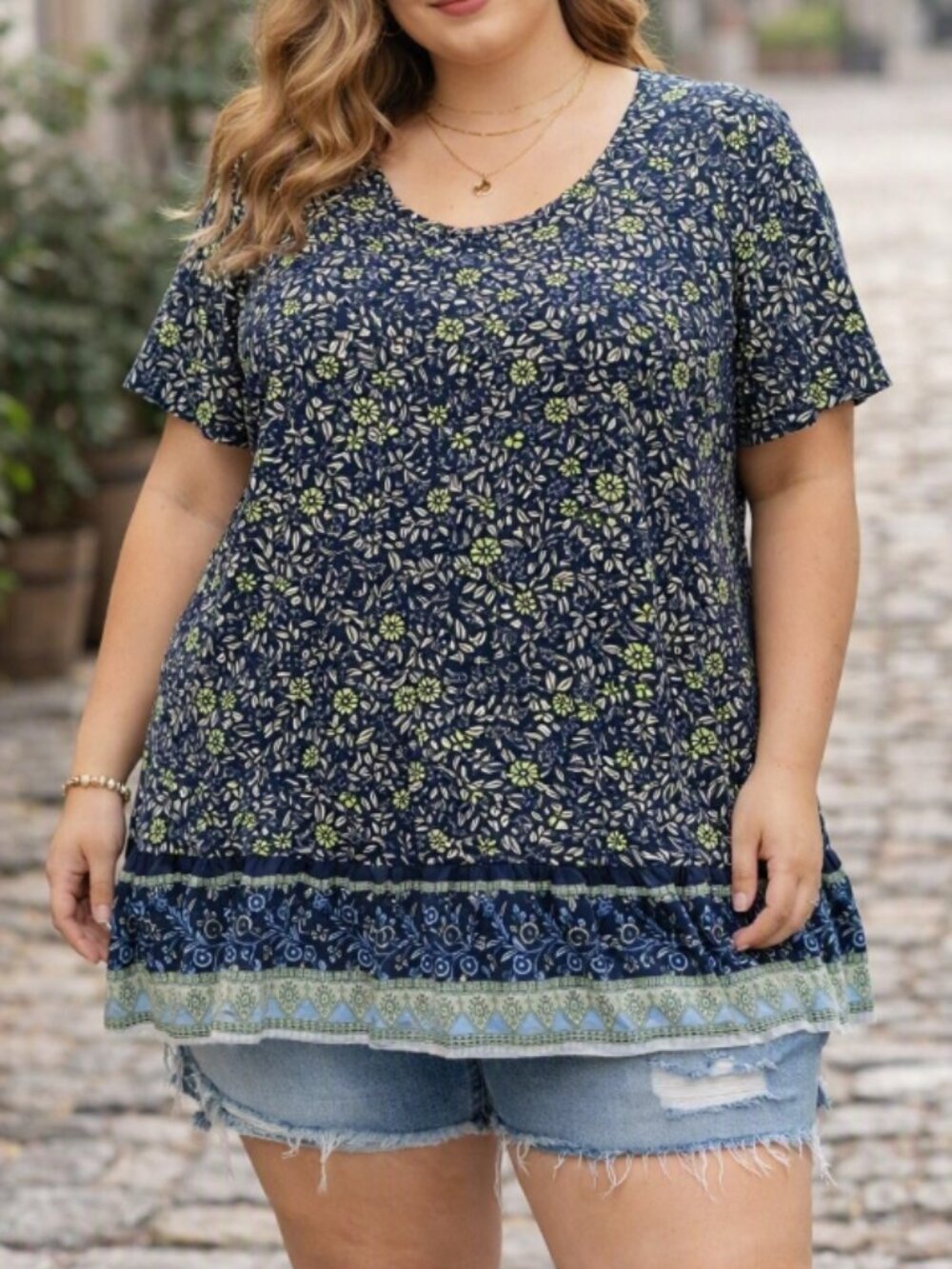 Woman Within Navy Floral Tunic Top Plus 22/24 Boho Relaxed Fit Casual Everyday